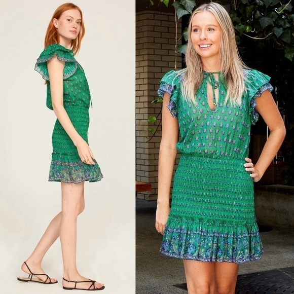 VERONICA BEARD Floral Paisley Smocked Flutter Short Sleeve Ruffled Mini Dress 8 - Picture 3 of 13